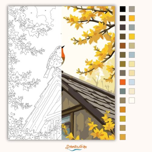 Tavaszi vörösbegy a tetőn - számfestő készlet - Számfestő.hu - 60×70cm - Keretre feszítve