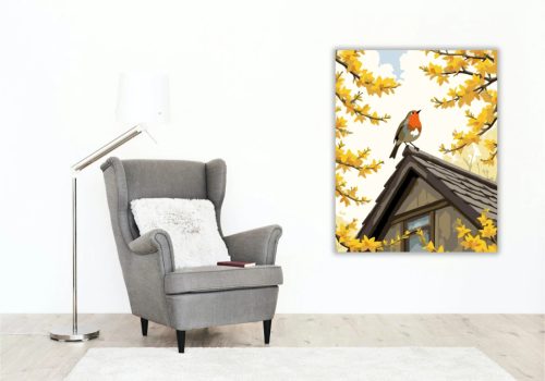 Tavaszi vörösbegy a tetőn - számfestő készlet - Számfestő.hu - 60×70cm - Keretre feszítve