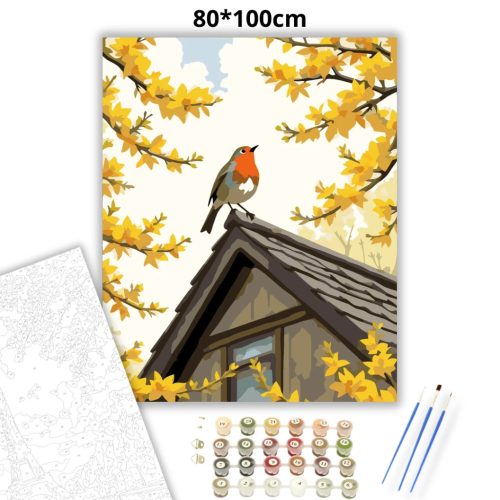 Tavaszi vörösbegy a tetőn - számfestő készlet - Számfestő.hu - 80×100cm - Keret nélkül