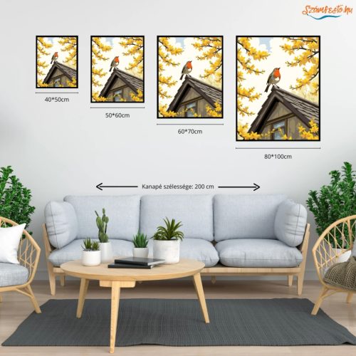 Tavaszi vörösbegy a tetőn - számfestő készlet - Számfestő.hu - 80×100cm - Keretre feszítve