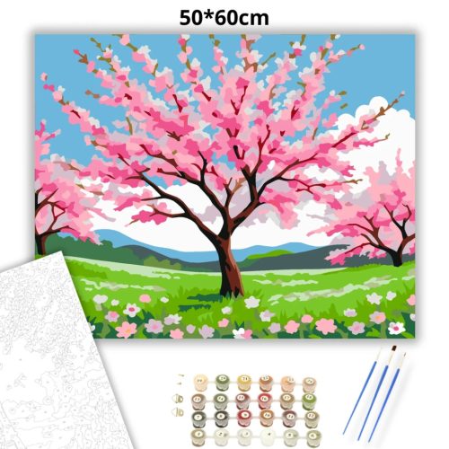 Tavaszi cseresznyefa virágzása - számfestő készlet - Számfestő.hu - 50×60cm - Keretre feszítve