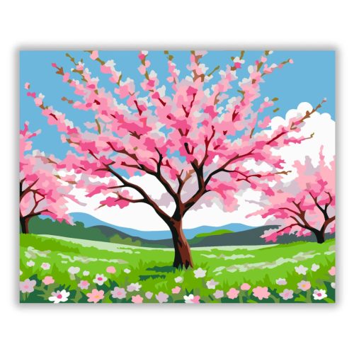 Tavaszi cseresznyefa virágzása - számfestő készlet - Számfestő.hu - 50×60cm - Keretre feszítve