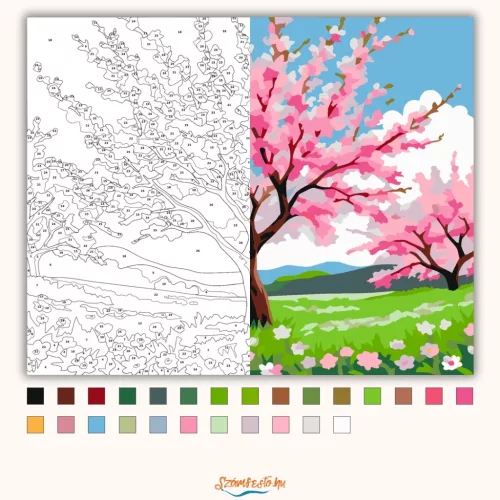 Tavaszi cseresznyefa virágzása - számfestő készlet - Számfestő.hu - 80×100cm - Keret nélkül