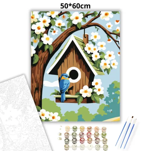 Tavaszi madárlak - számfestő készlet - Számfestő.hu - 50×60cm - Keretre feszítve