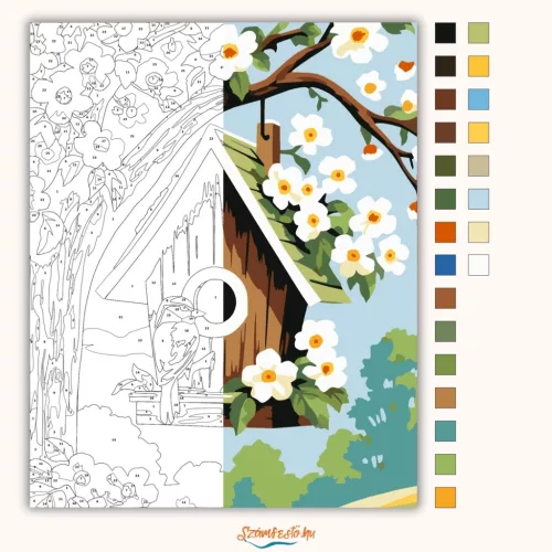 Tavaszi madárlak - számfestő készlet - Számfestő.hu - 50×60cm - Keretre feszítve