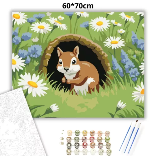 Tavaszi mókuspillantás - számfestő készlet - Számfestő.hu - 60×70cm - Keretre feszítve