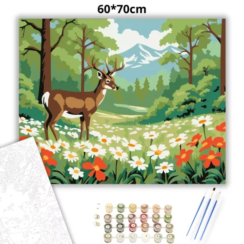 Szarvas a virágtengeren - számfestő készlet - Számfestő.hu - 60×70cm - Keretre feszítve