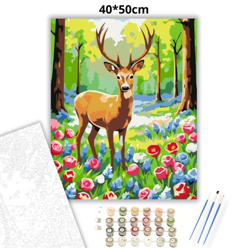 Üde szarvas a virágtisztáson - számfestő készlet - Számfestő.hu - 40×50cm - Keret nélkül