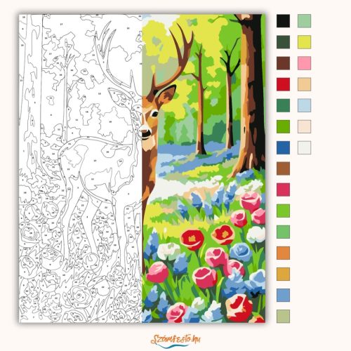 Üde szarvas a virágtisztáson - számfestő készlet - Számfestő.hu - 40×50cm - Keretre feszítve