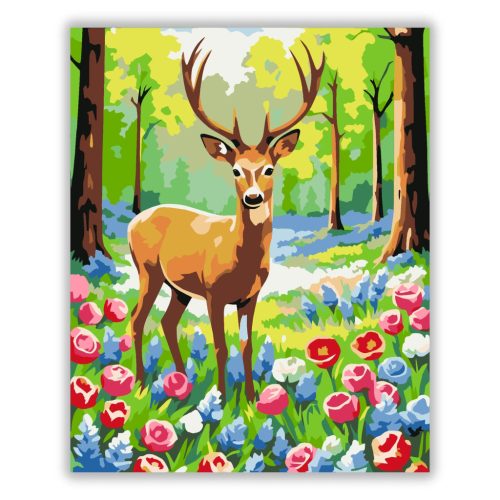 Üde szarvas a virágtisztáson - számfestő készlet - Számfestő.hu - 40×50cm - Keretre feszítve