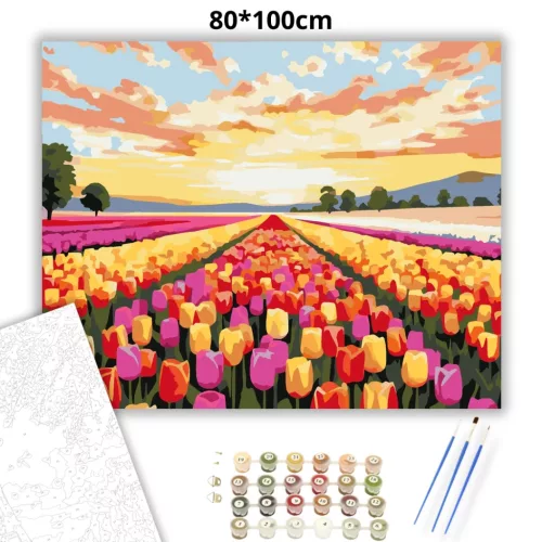 Aranyló tulipánsor - számfestő készlet - Számfestő.hu - 80×100cm - Keretre feszítve