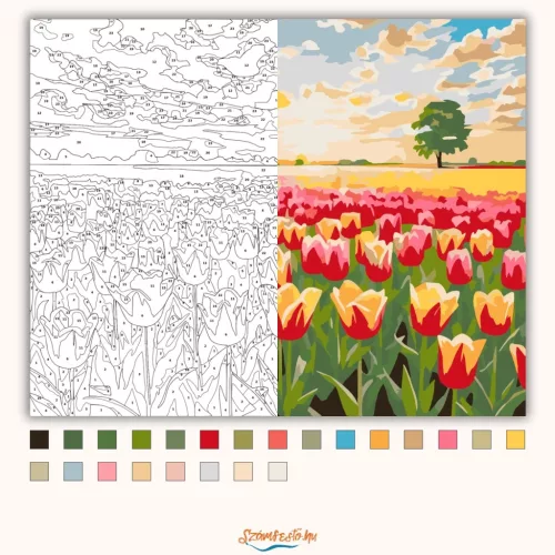 Magányos fa pirkadatban - számfestő készlet - Számfestő.hu - 80×100cm - Keretre feszítve