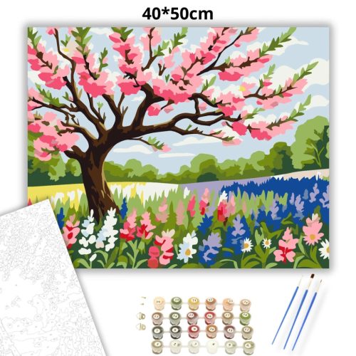 Virágzó cseresznyefa - számfestő készlet - Számfestő.hu - 40×50cm - Keretre feszítve