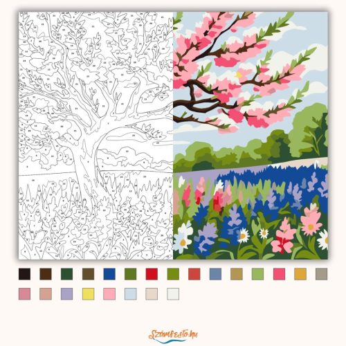 Virágzó cseresznyefa - számfestő készlet - Számfestő.hu - 40×50cm - Keretre feszítve