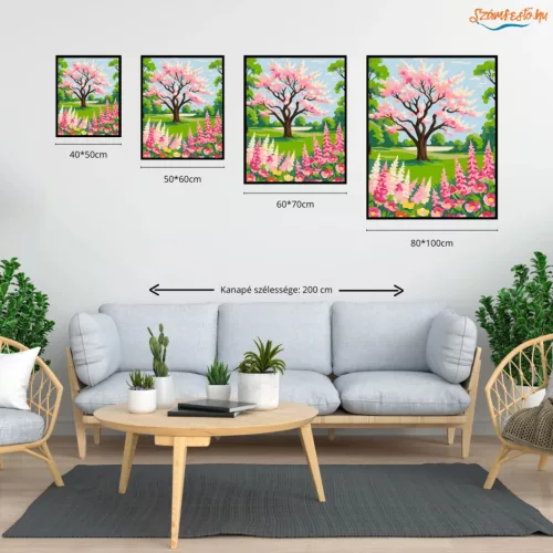Virágzó cseresznyefa a réten - számfestő készlet - Számfestő.hu - 40×50cm - Keret nélkül