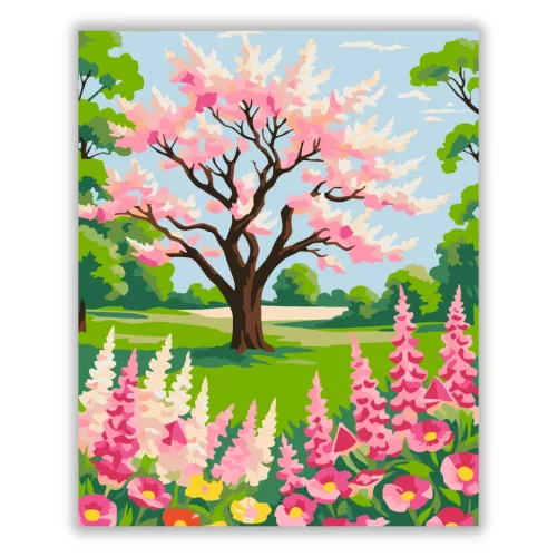 Virágzó cseresznyefa a réten - számfestő készlet - Számfestő.hu - 40×50cm - Keret nélkül
