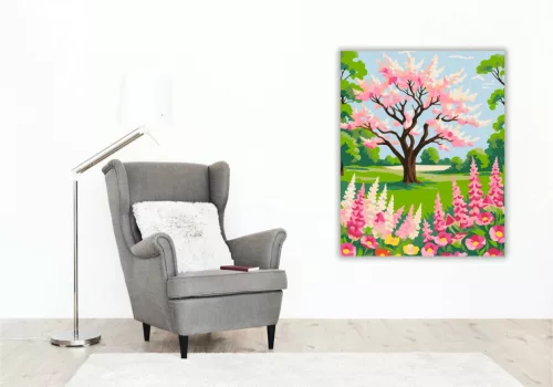 Virágzó cseresznyefa a réten - számfestő készlet - Számfestő.hu - 40×50cm - Keretre feszítve