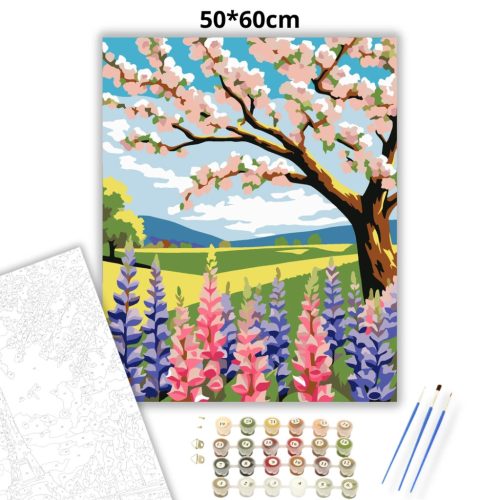 Napfényes cseresznyevirág - számfestő készlet - Számfestő.hu - 50×60cm - Keretre feszítve