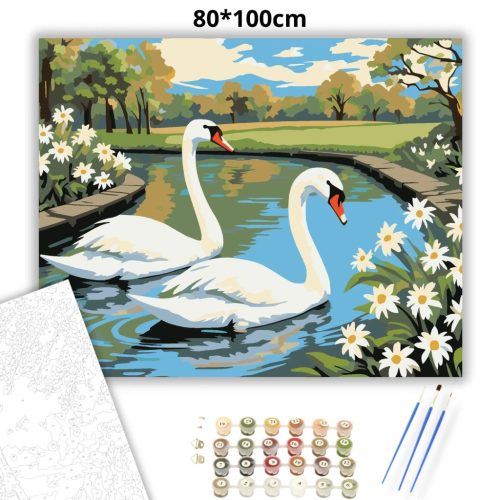Békés hattyúpár - számfestő készlet - Számfestő.hu - 80×100cm - Keretre feszítve