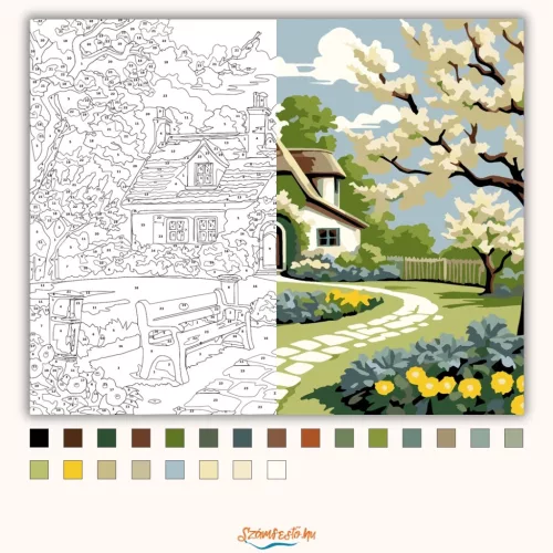 Pihenőpad a kertben - számfestő készlet - Számfestő.hu - 50×60cm - Keretre feszítve