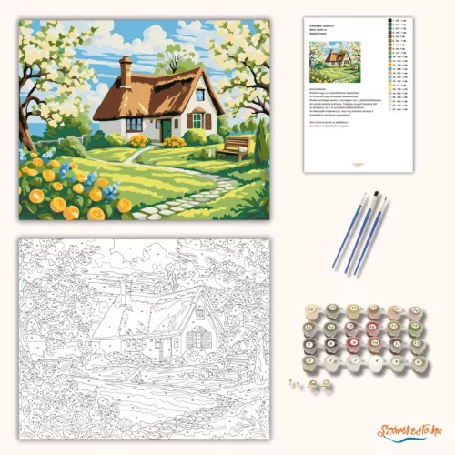 Nádtetős házikó - számfestő készlet - Számfestő.hu - 60×70cm - Keretre feszítve