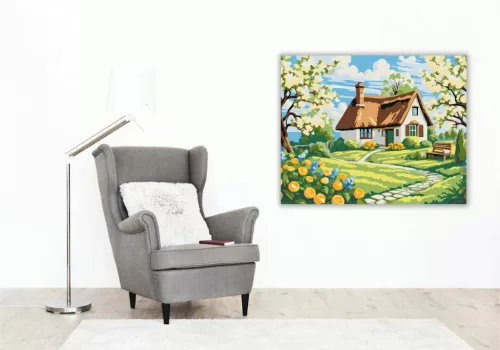 Nádtetős házikó - számfestő készlet - Számfestő.hu - 80×100cm - Keretre feszítve