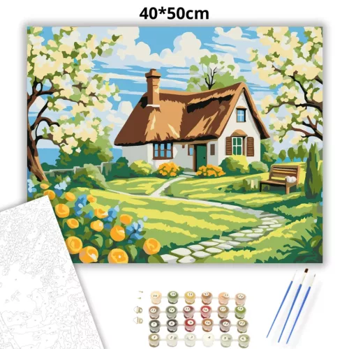 Nádtetős házikó - számfestő készlet - Számfestő.hu - 40×50cm - Keretre feszítve