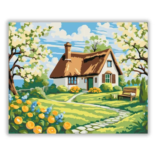 Nádtetős házikó - számfestő készlet - Számfestő.hu - 40×50cm - Keretre feszítve