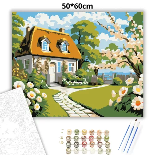 Tavaszi házikó - számfestő készlet - Számfestő.hu - 50×60cm - Keretre feszítve