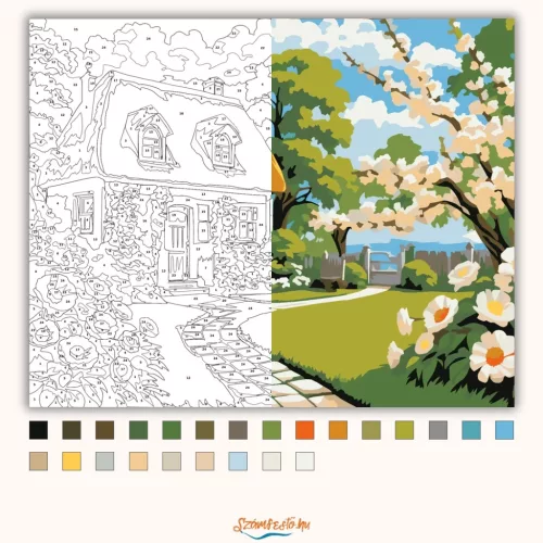 Tavaszi házikó - számfestő készlet - Számfestő.hu - 60×70cm - Keretre feszítve