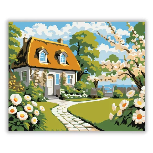 Tavaszi házikó - számfestő készlet - Számfestő.hu - 60×70cm - Keretre feszítve