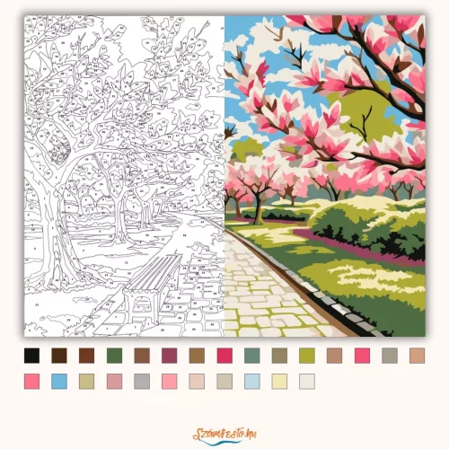 Nyugodt magnóliás sétány - számfestő készlet - Számfestő.hu - 40×50cm - Keret nélkül