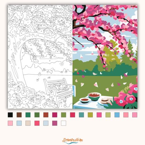 Tavaszi kerti pihenő - számfestő készlet - Számfestő.hu - 80×100cm - Keretre feszítve