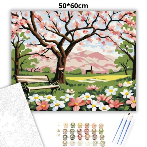 Tavaszi fa virágzása - számfestő készlet - Számfestő.hu - 50×60cm - Keretre feszítve