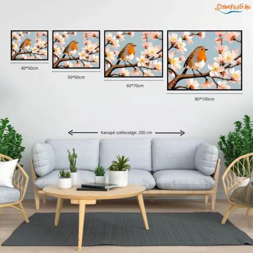 Tavaszi vörösbegy - számfestő készlet - Számfestő.hu - 60×70cm - Keretre feszítve