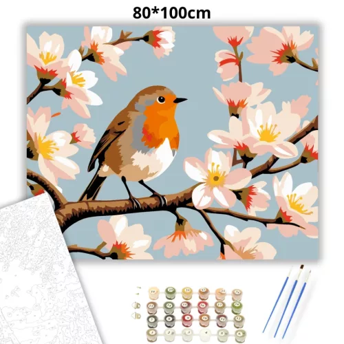 Tavaszi vörösbegy - számfestő készlet - Számfestő.hu - 80×100cm - Keretre feszítve