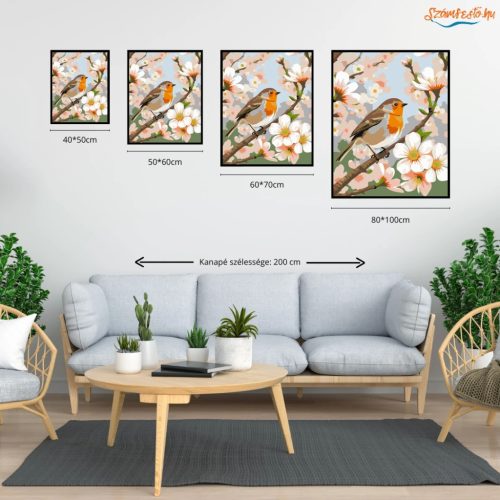Kismadár a virágzó ágon - számfestő készlet - Számfestő.hu - 40×50cm - Keret nélkül