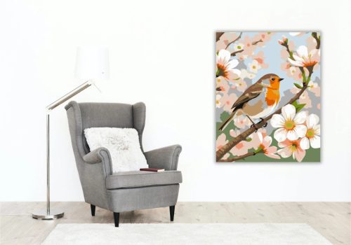 Kismadár a virágzó ágon - számfestő készlet - Számfestő.hu - 40×50cm - Keret nélkül