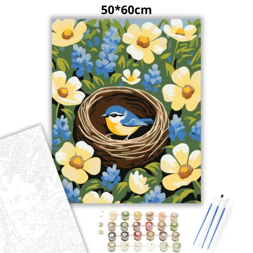 Virágok közt megbúvó fészek - számfestő készlet - Számfestő.hu - 50×60cm - Keretre feszítve