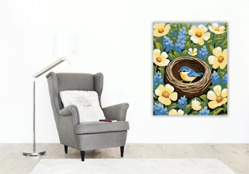 Virágok közt megbúvó fészek - számfestő készlet - Számfestő.hu - 60×70cm - Keretre feszítve