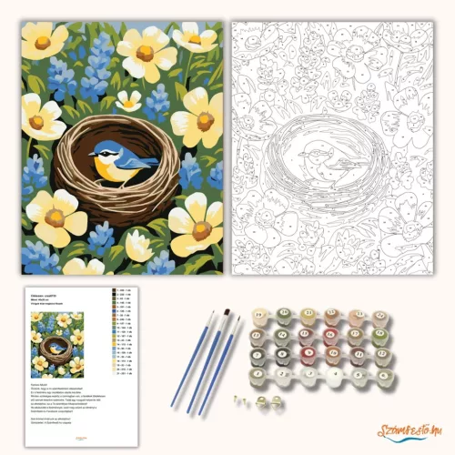 Virágok közt megbúvó fészek - számfestő készlet - Számfestő.hu - 80×100cm - Keret nélkül