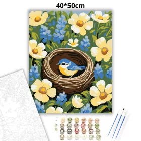 Virágok közt megbúvó fészek - számfestő készlet - Számfestő.hu - 40×50cm - Keret nélkül
