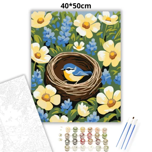 Virágok közt megbúvó fészek - számfestő készlet - Számfestő.hu - 40×50cm - Keret nélkül