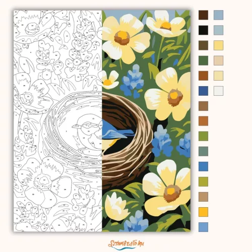 Virágok közt megbúvó fészek - számfestő készlet - Számfestő.hu - 40×50cm - Keret nélkül