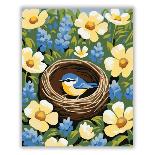 Virágok közt megbúvó fészek - számfestő készlet - Számfestő.hu - 40×50cm - Keretre feszítve