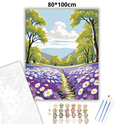 Tavaszi levendulás ösvény - számfestő készlet - Számfestő.hu - 80×100cm - Keretre feszítve