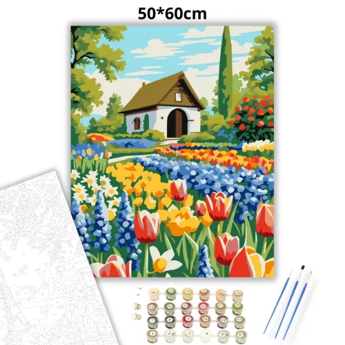 Tavaszi virágözön - számfestő készlet - Számfestő.hu - 50×60cm - Keretre feszítve