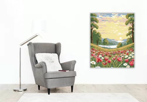 Ködös tulipánrét - számfestő készlet - Számfestő.hu - 60×70cm - Keretre feszítve