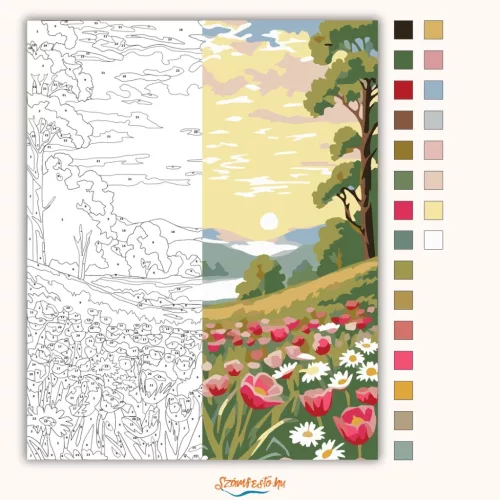 Ködös tulipánrét - számfestő készlet - Számfestő.hu - 80×100cm - Keretre feszítve