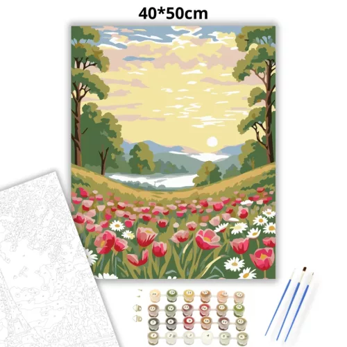 Ködös tulipánrét - számfestő készlet - Számfestő.hu - 40×50cm - Keretre feszítve